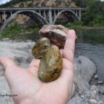 Myrtle Creek Rockhounding in Oregon: The picture "Myrtle Creek Rockhounding in Oregon – hand holding rocks by bridge" shows a person's hand holding three rough rocks, including greenish and reddish pieces, with the historic Myrtle Creek bridge and river in the background.