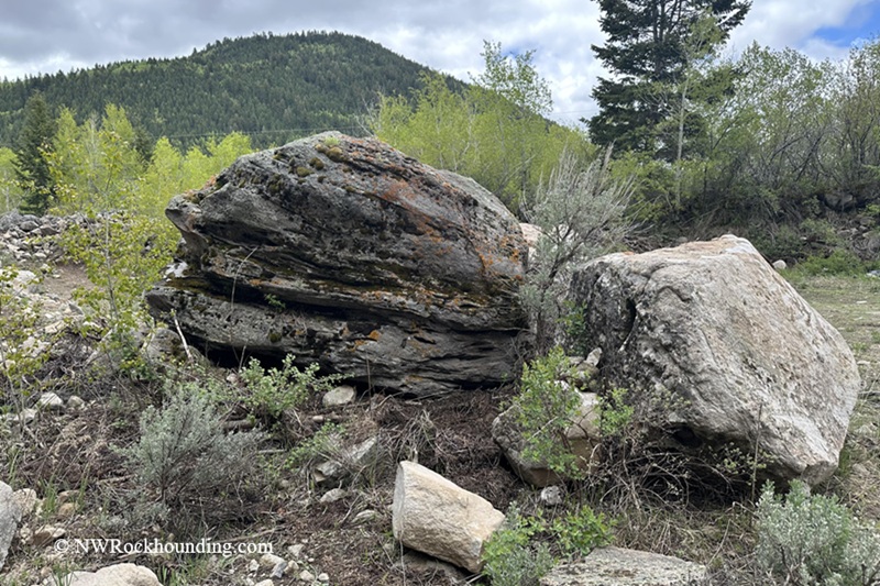 The China Hat Geological Site in Idaho: The picture "China Hat Geological Site large lichen-covered boulders" features two massive, weathered boulders—one with orange lichen streaks and dark banding—resting among sagebrush and bushes, with a forested hillside beneath a cloudy sky in the distance.