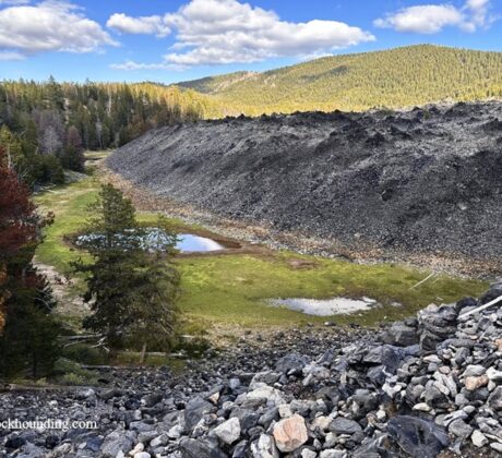 Big Obsidian Flow Oregon – Big Obsidian Flow Edge Big Obsidian Flow Oregon: The picture "Big Obsidian Flow Edge" captures the sharp, uneven edge of a massive obsidian lava flow rising above a grassy, marshy clearing and surrounded by evergreen forested hills.